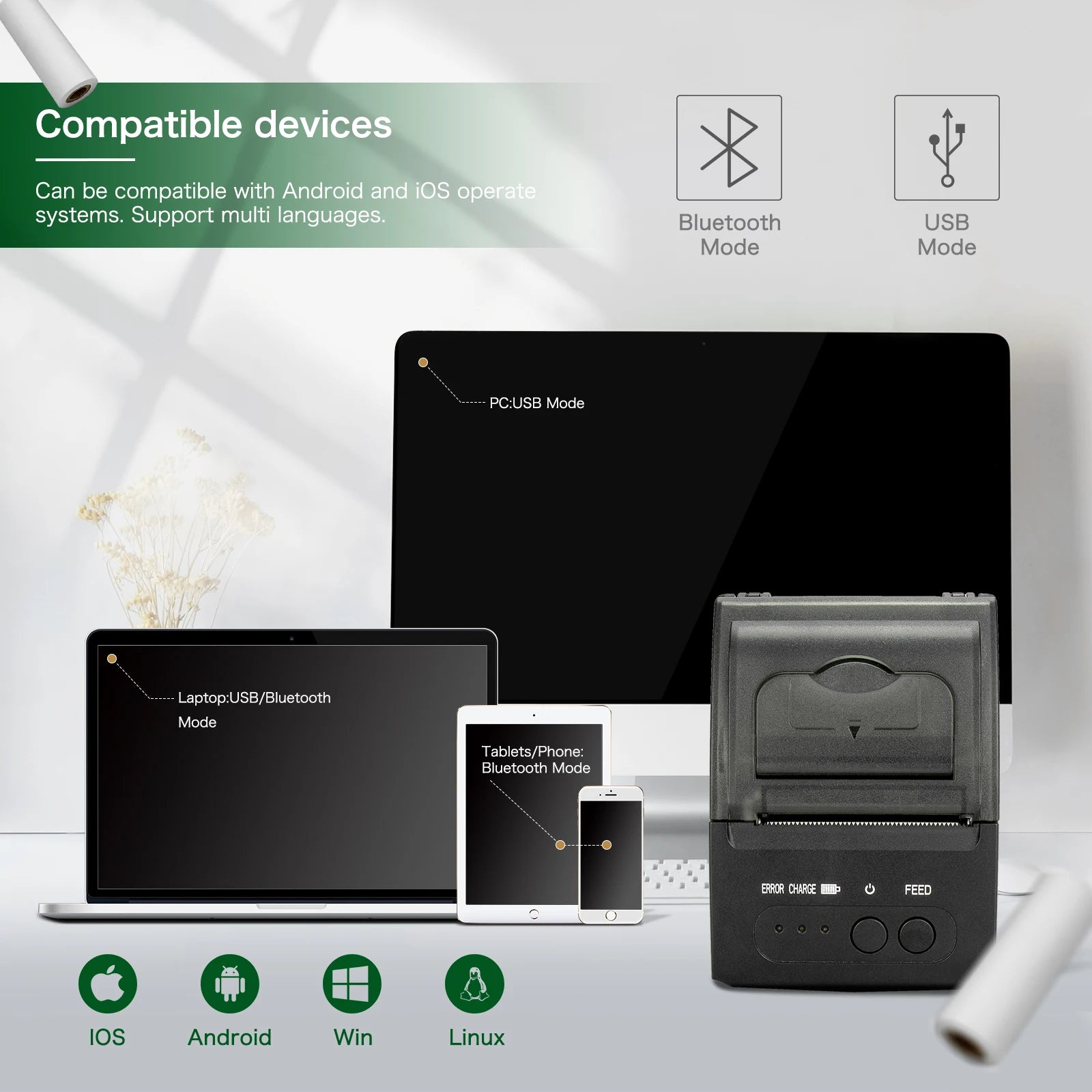 NETUM 1809 Portable 58mm Bluetooth Thermal Receipt Printer - USB POS Printer for Android & iOS