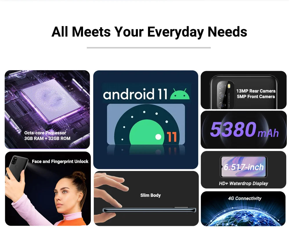 Blackview A70 4G Smartphone - 6.52" HD+ Display, 3GB RAM, 32GB ROM, 5380mAh Battery, Android 11