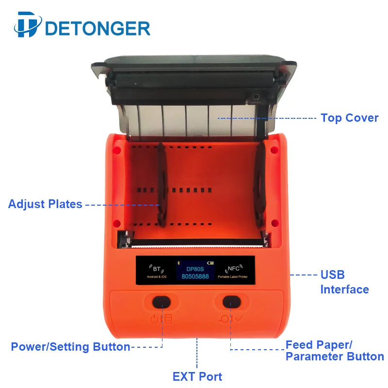 DETONGER DP80S Portable Thermal Printer - 30-80mm Multi-Function Barcode & Label Maker