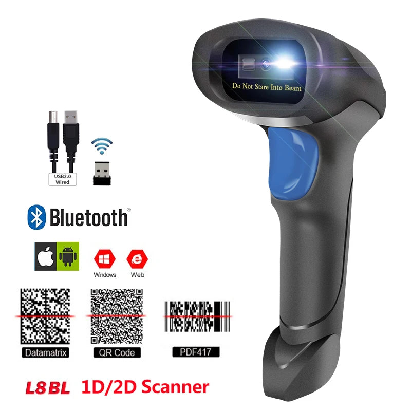 L8BL Bluetooth 2D Barcode Scanner - Wireless & Wired Handheld Reader with USB Support