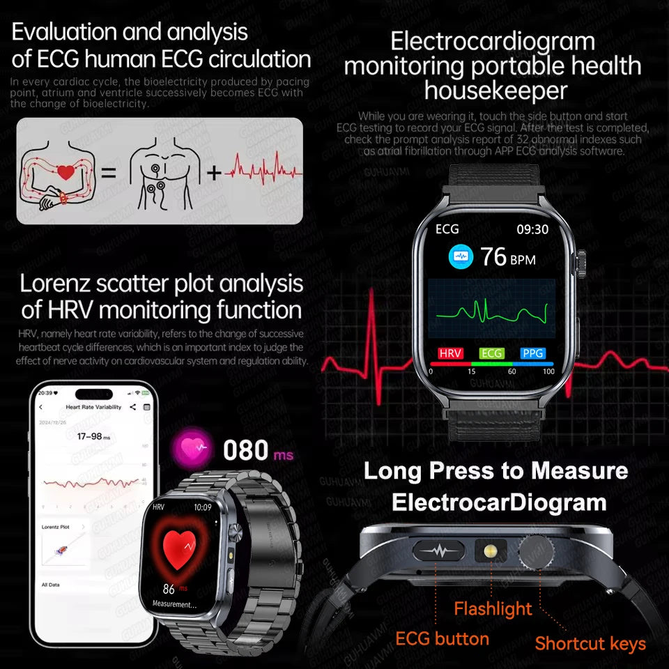 ECG Smart Watch with Heart Health Analysis - Blood Pressure & Lipid Monitoring