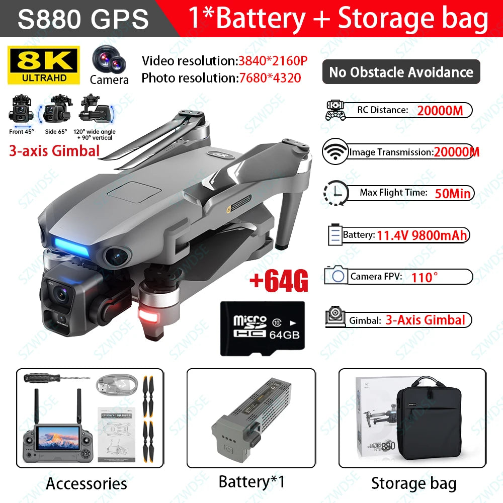 S880 Max Professional Fishing GPS Drone - 8K Dual Camera with 3-Axis Gimbal, 5G WiFi FPV & Obstacle Avoidance