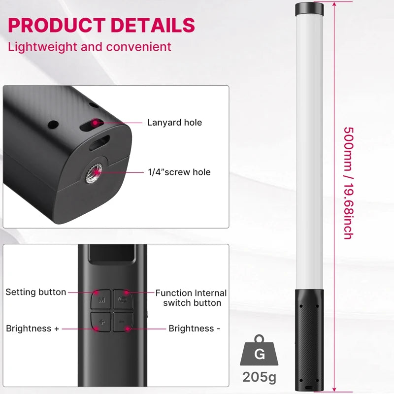 Ulanzi VL119 RGB LED Video Light Wand - Handheld Tube Light with CRI 95+, 2500K-9000K Color Temperature