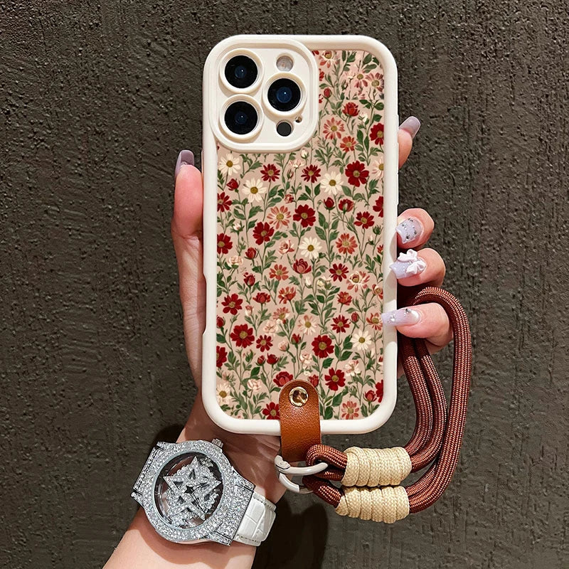 Floral Lanyard Phone Case for iPhone - Soft Silicone Protective Cover with Strap