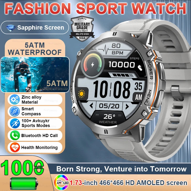 T-Rex 3 Military GPS Smart Watch - 1.73" AMOLED Display, 1000mAh Battery, 5ATM Waterproof