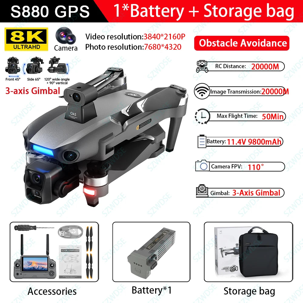 S880 Max Professional Fishing GPS Drone - 8K Dual Camera with 3-Axis Gimbal, 5G WiFi FPV & Obstacle Avoidance