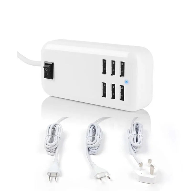 6-Port USB Wall Charger - 5V 3A Multi-Device Charging Station with Power Switch