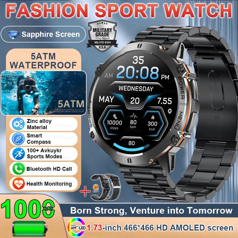 T-Rex 3 Military GPS Smart Watch - 1.73" AMOLED Display, 1000mAh Battery, 5ATM Waterproof