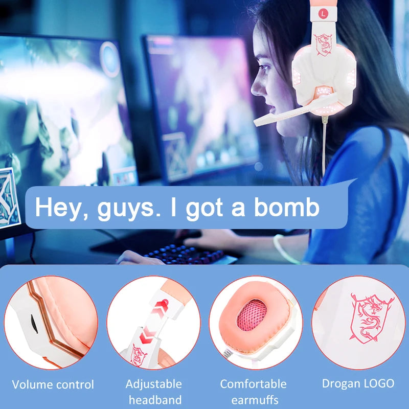 QearFun Pink Gaming Headset with Microphone - PC/PS4/Laptop Compatible