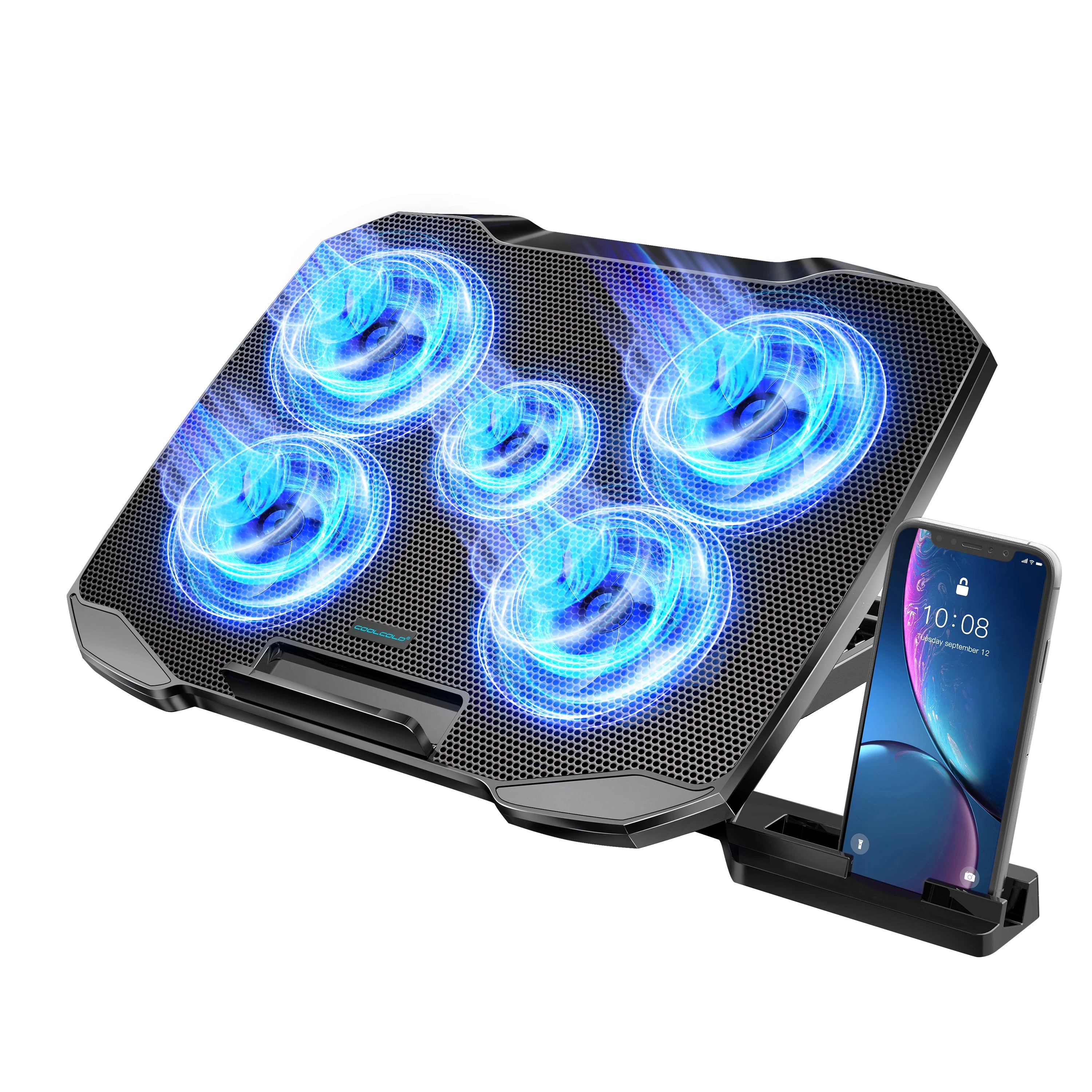 Premium Laptop Cooling Pad - 5 Quiet Fans, Adjustable Stand for 12-17 Inch Laptops with Phone Holder