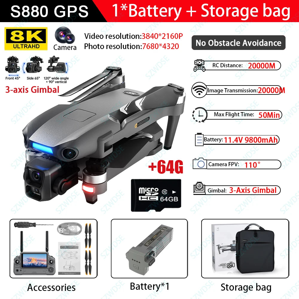S880 Max Professional Fishing GPS Drone - 8K Dual Camera with 3-Axis Gimbal, 5G WiFi FPV & Obstacle Avoidance