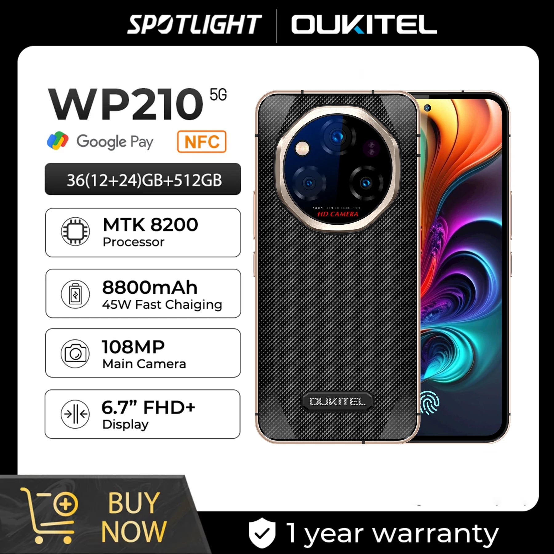 OUKITEL WP210 Rugged Smartphone - 36GB RAM, 512GB Storage, 8800mAh Battery, 108MP Camera