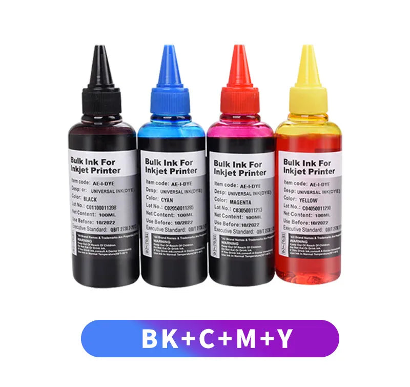 Universal Printer Refill Ink Set - 100ml 4-Color Pack for Canon, HP, Epson & Brother