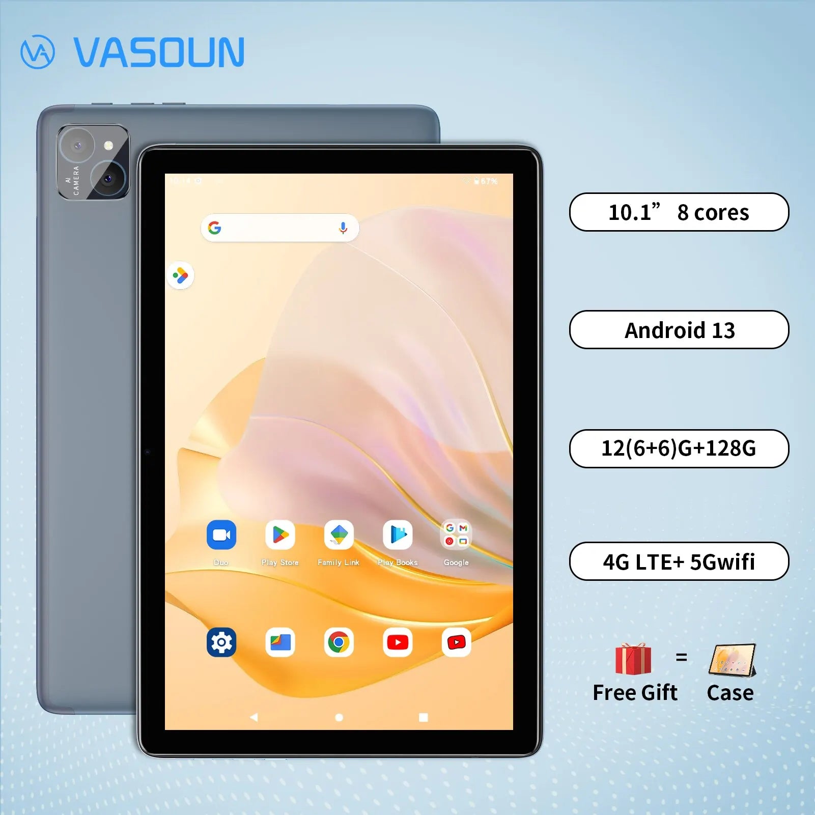 VASOUN 10.1" Android 14 Tablet - 12GB RAM, 128GB Storage, Dual SIM 4G LTE Unlocked