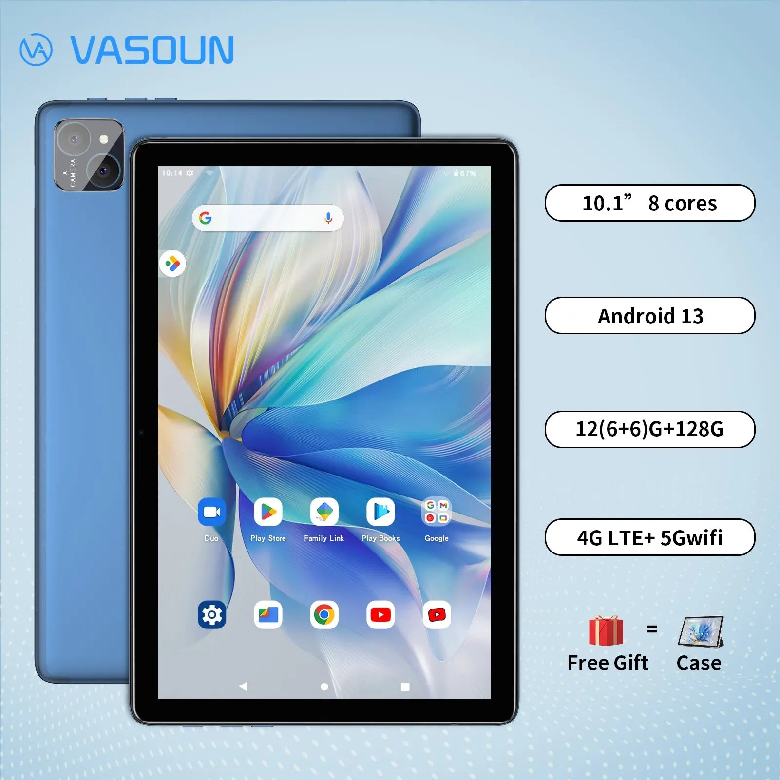 VASOUN 10.1" Android 14 Tablet - 12GB RAM, 128GB Storage, Dual SIM 4G LTE Unlocked