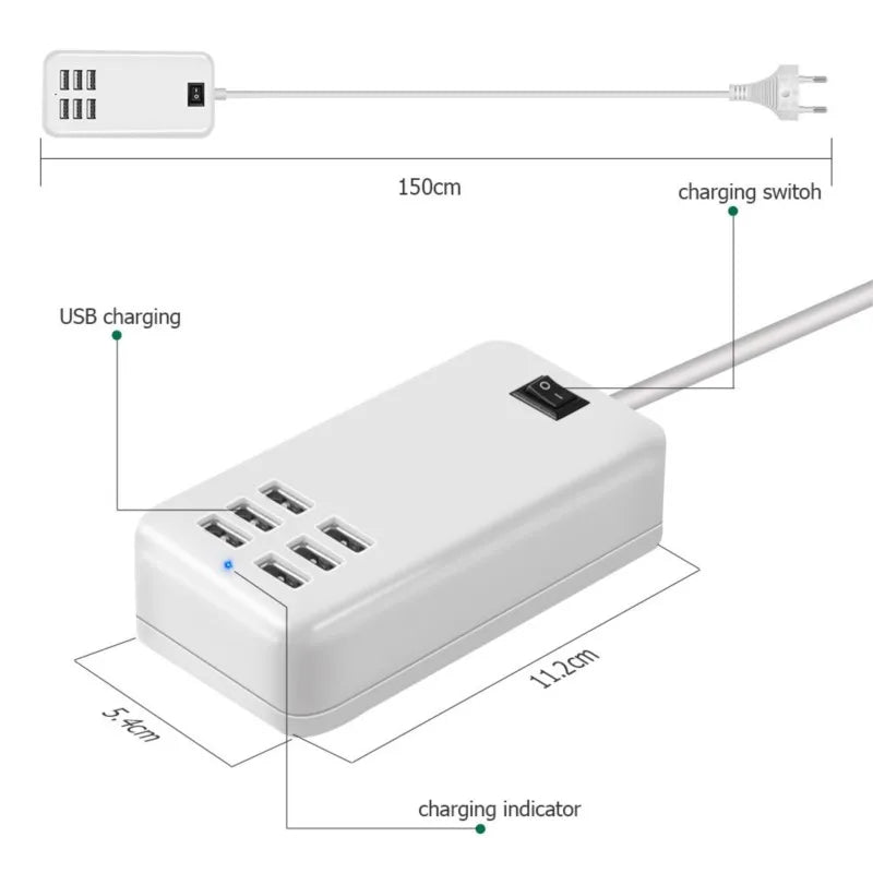 6-Port USB Wall Charger - 5V 3A Multi-Device Charging Station with Power Switch