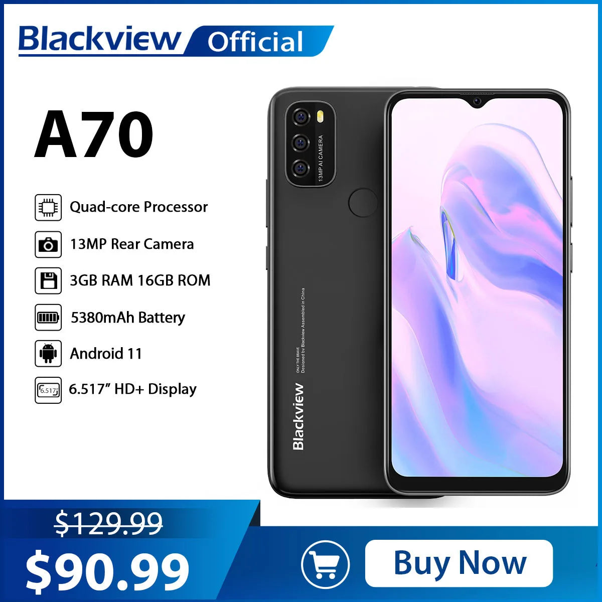 Blackview A70 4G Smartphone - 6.52" HD+ Display, 3GB RAM, 32GB ROM, 5380mAh Battery, Android 11
