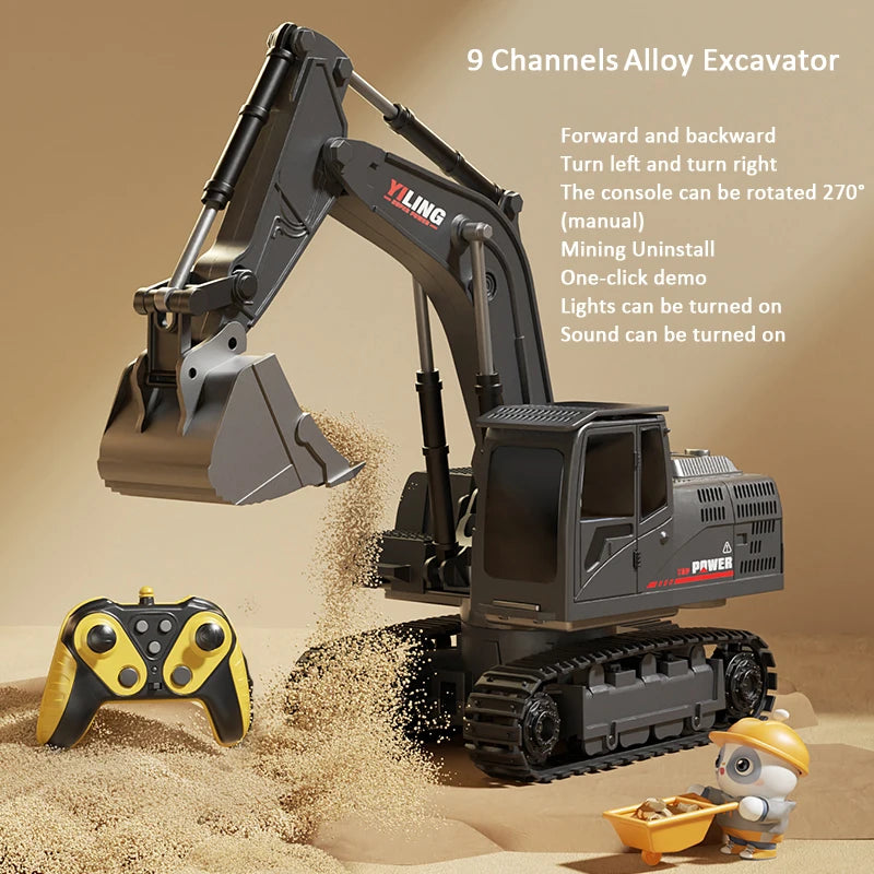Remote Control Excavator Toy - 9 Channel RC Construction Vehicle with Lights & Sound