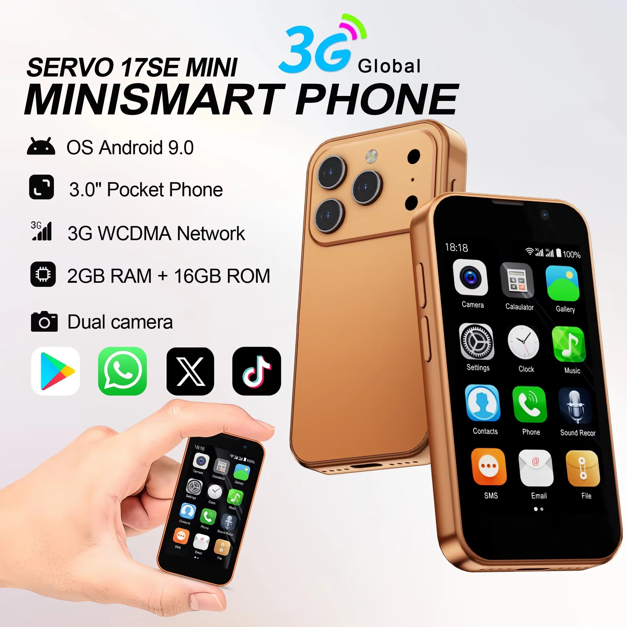 SERVO Mini Smartphone - 3.0" HD Display, 2GB RAM, 16GB Storage, Android 9.0, Face Unlock