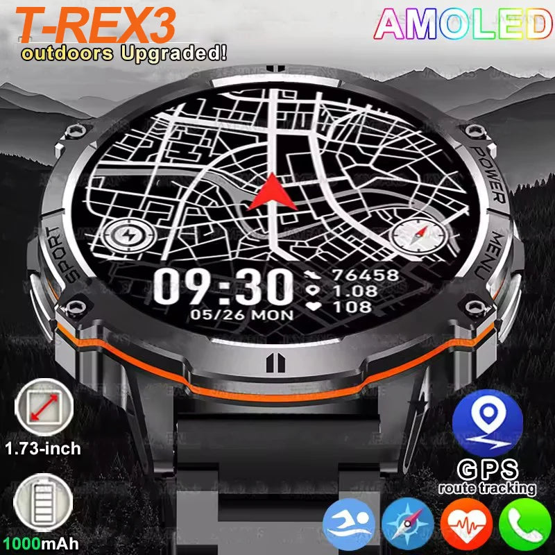 T-Rex 3 Military GPS Smart Watch - 1.73" AMOLED Display, 1000mAh Battery, 5ATM Waterproof