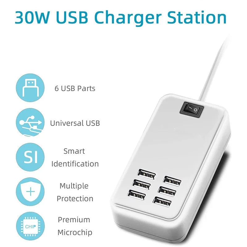 6-Port USB Wall Charger - 5V 3A Multi-Device Charging Station with Power Switch