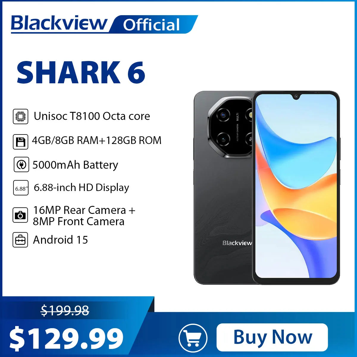 Blackview SHARK 6 5G Smartphone - Android 15, 6.88" 120Hz Display, 8GB RAM, 128GB Storage, 5000mAh Battery