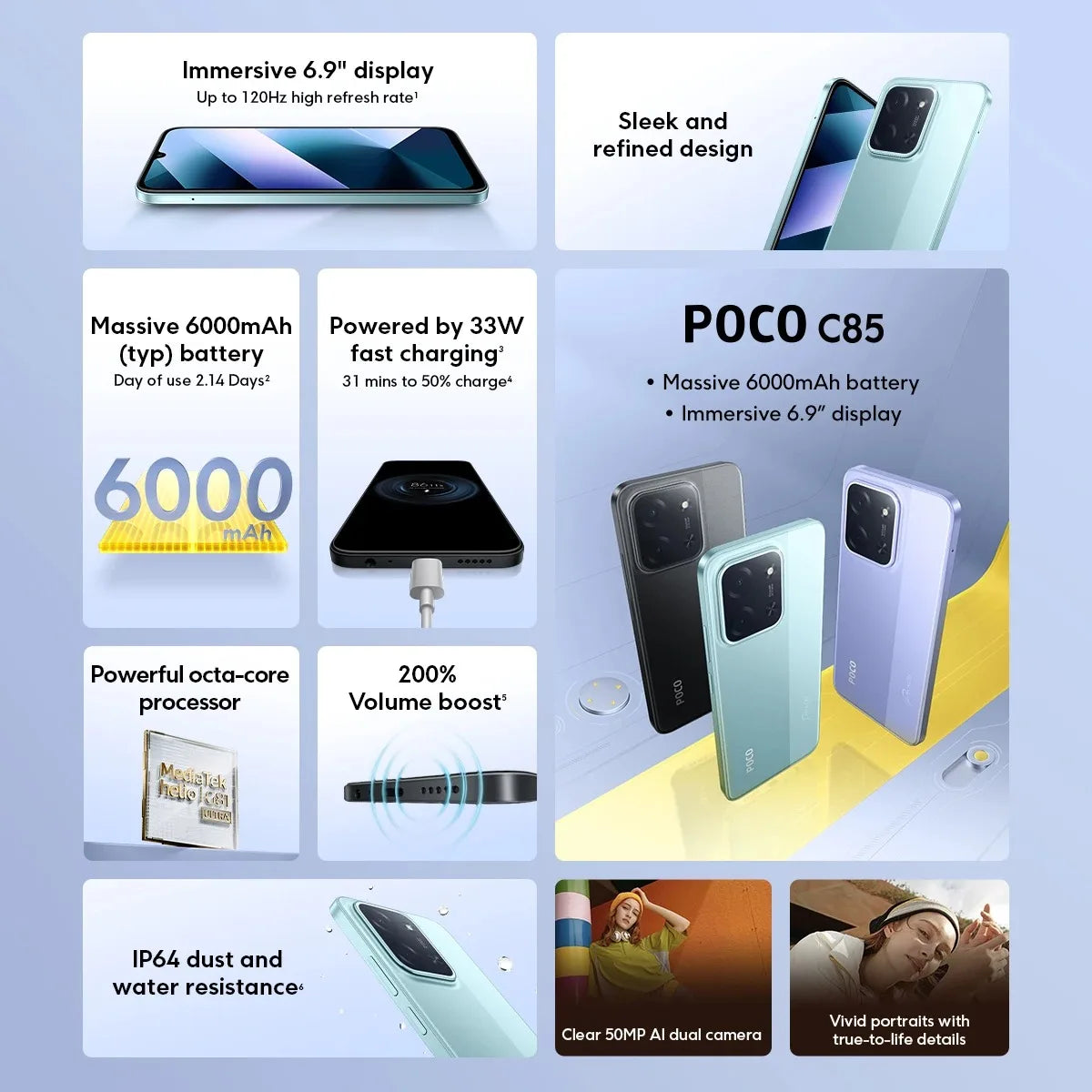 POCO C85 Smartphone - 6.9" 120Hz Display, 50MP Camera, 6000mAh Battery with 33W Fast Charging