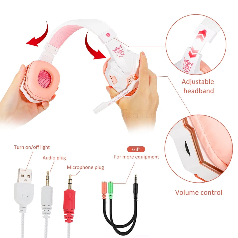 QearFun Pink Gaming Headset with Microphone - PC/PS4/Laptop Compatible