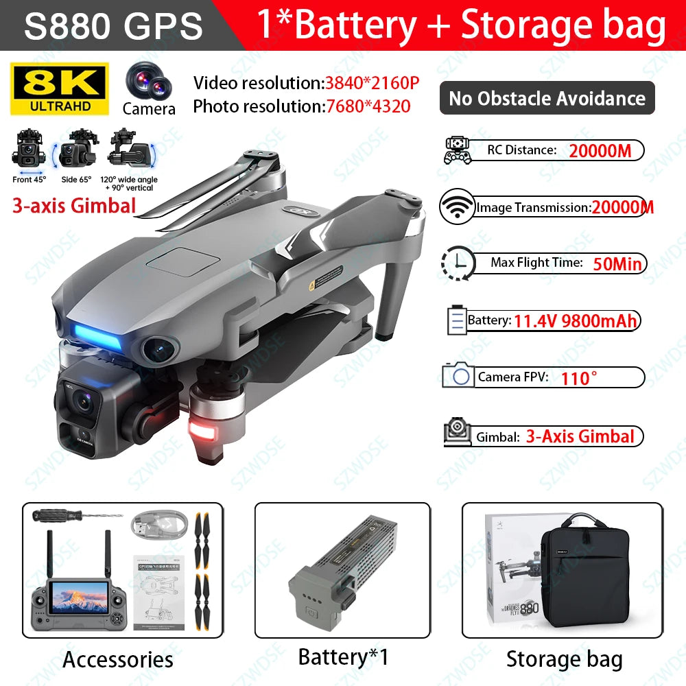 S880 Max Professional Fishing GPS Drone - 8K Dual Camera with 3-Axis Gimbal, 5G WiFi FPV & Obstacle Avoidance