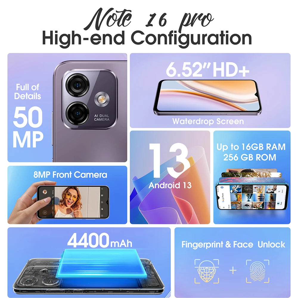 Ulefone Note 16 Pro 4G Smartphone - 16GB RAM (8GB+8GB Extended) 256GB Storage, Android 13, 50MP Camera, 6.52" Display