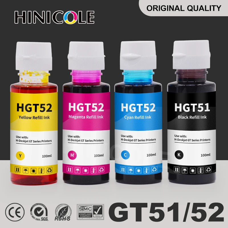 HP DeskJet GT51/GT52 Dye Ink Bottle Set - Compatible with GT 5810/5820 Tank 310/410/318/418 Printers