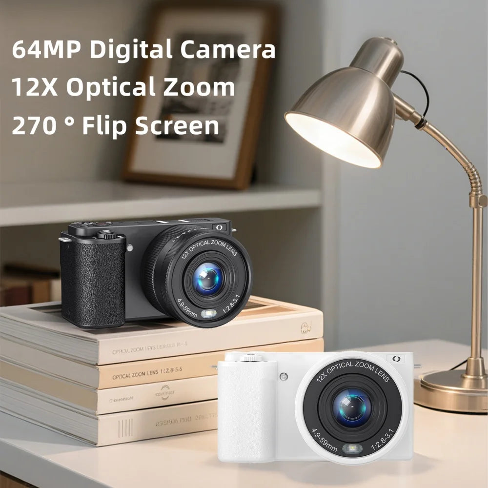 Professional 4K Digital Camera - 64MP Vlogging Camera with 12X Optical Zoom & Flip Screen