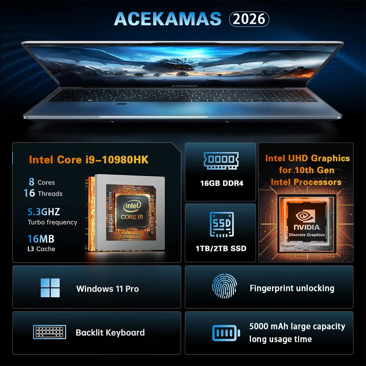 ACEKAMAS 15.6" Gaming Laptop - Intel Core i9-10980HK, 16GB DDR4, 1TB SSD, Windows 11 Pro