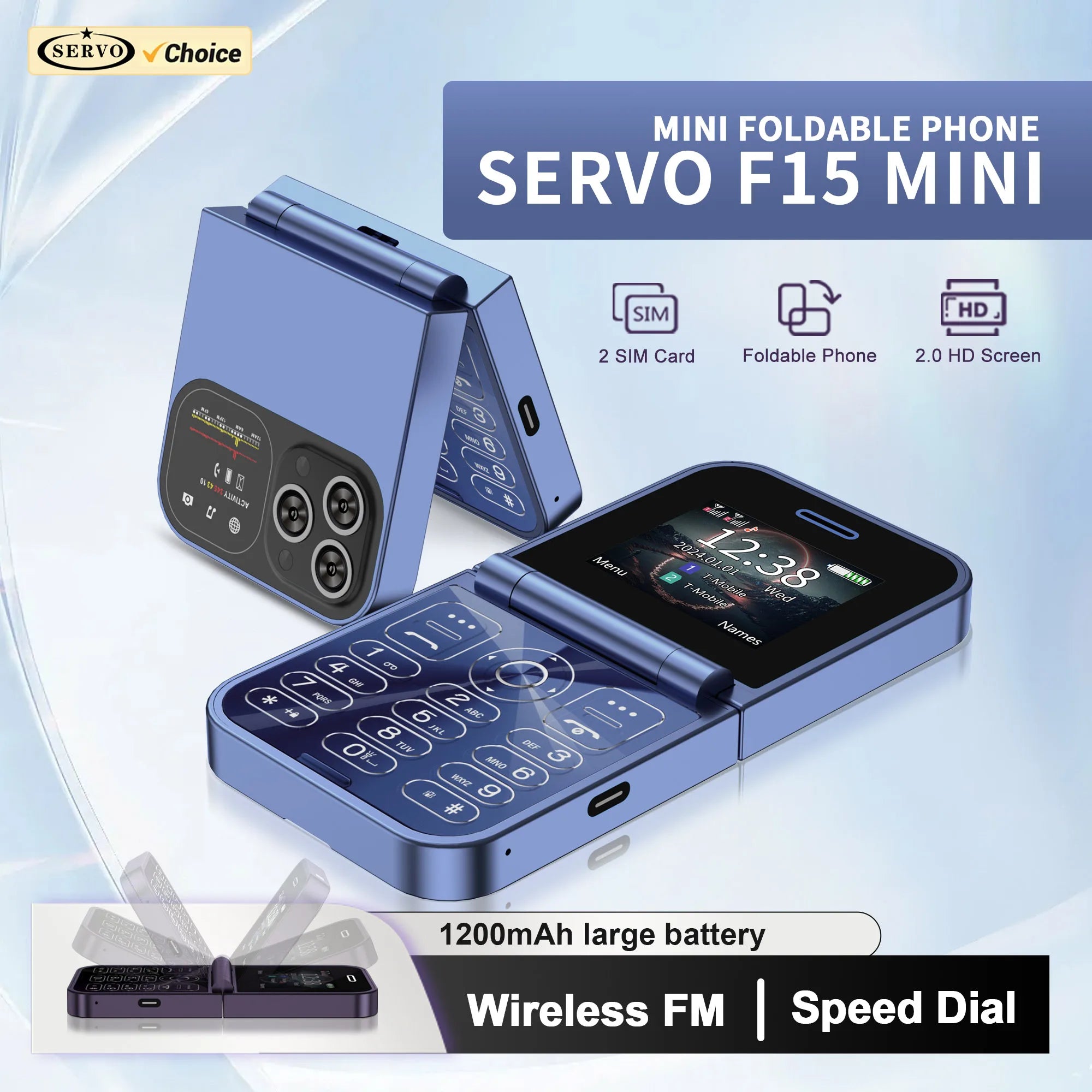 SERVO F15 Mini Flip Phone - 2.0" Dual SIM 2G GSM Mobile