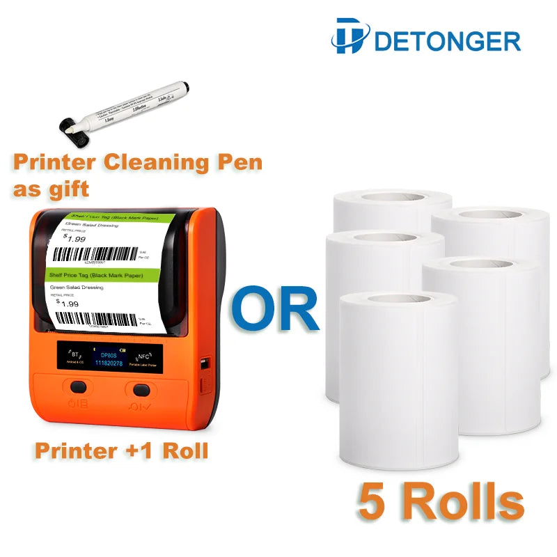 DETONGER DP80S Portable Thermal Printer - 30-80mm Multi-Function Barcode & Label Maker