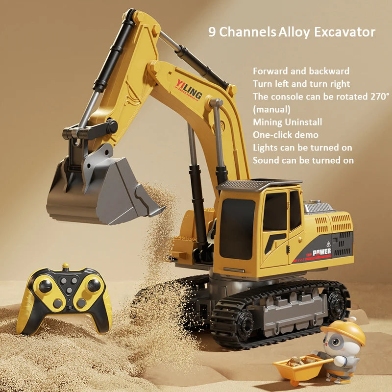 Remote Control Excavator Toy - 9 Channel RC Construction Vehicle with Lights & Sound