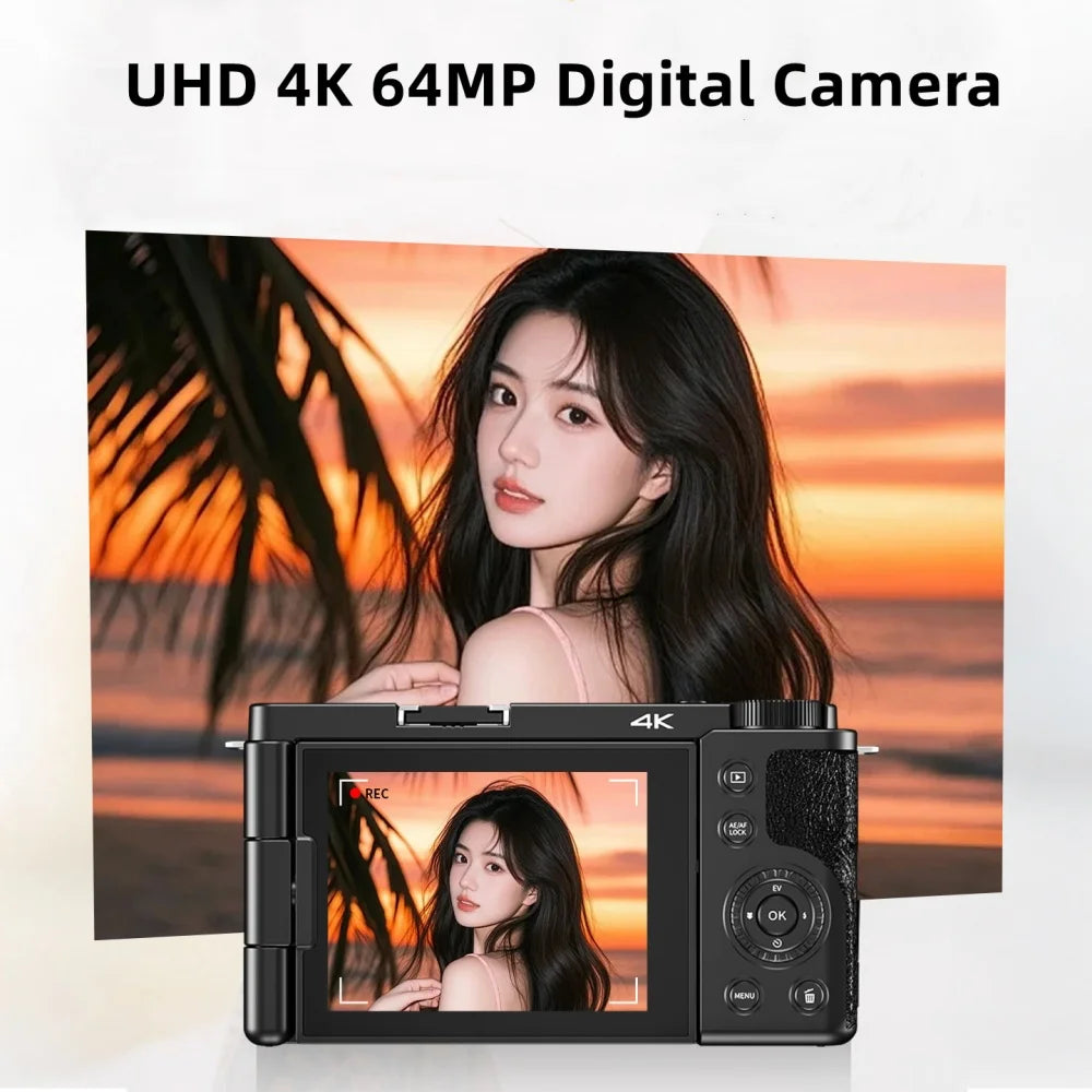 Professional 4K Digital Camera - 64MP Vlogging Camera with 12X Optical Zoom & Flip Screen