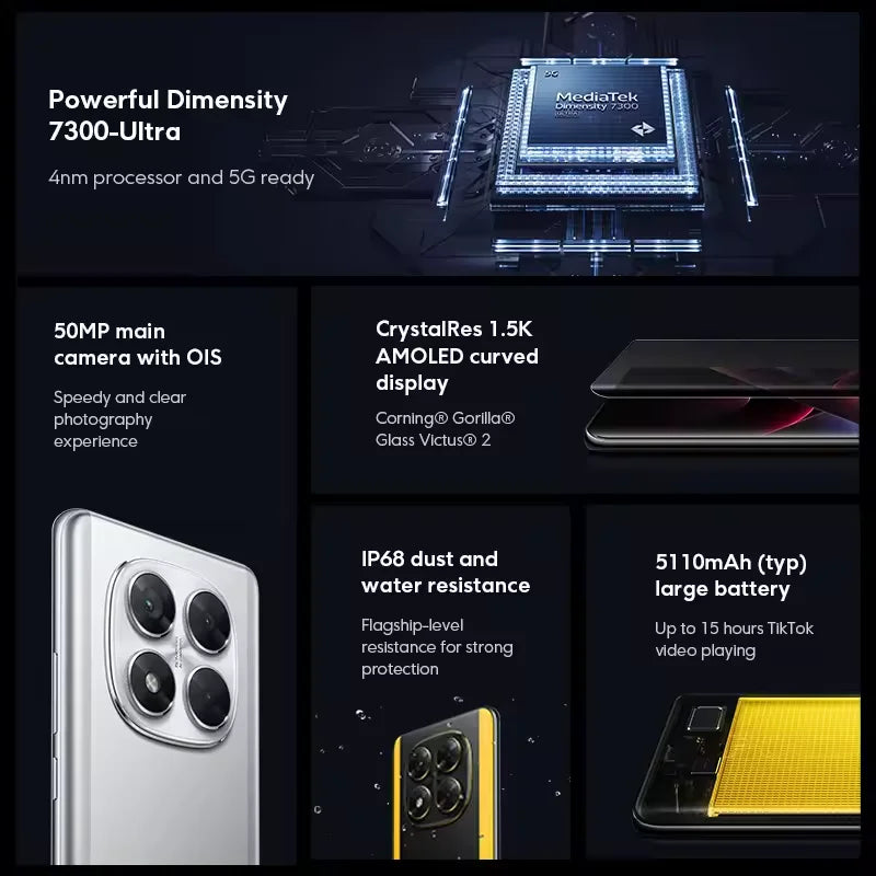 POCO X7 Smartphone - Dimensity 7300-Ultra, 6.67" 120Hz AMOLED, 50MP Camera, IP68 Waterproof