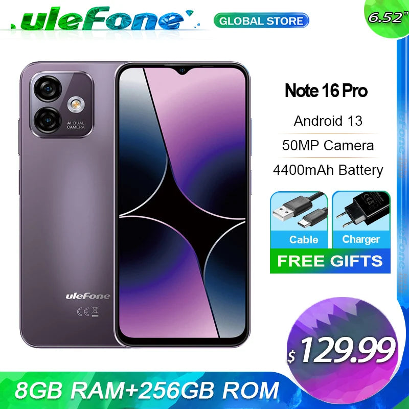 Ulefone Note 16 Pro 4G Smartphone - 16GB RAM (8GB+8GB Extended) 256GB Storage, Android 13, 50MP Camera, 6.52" Display