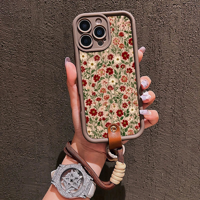 Floral Lanyard Phone Case for iPhone - Soft Silicone Protective Cover with Strap