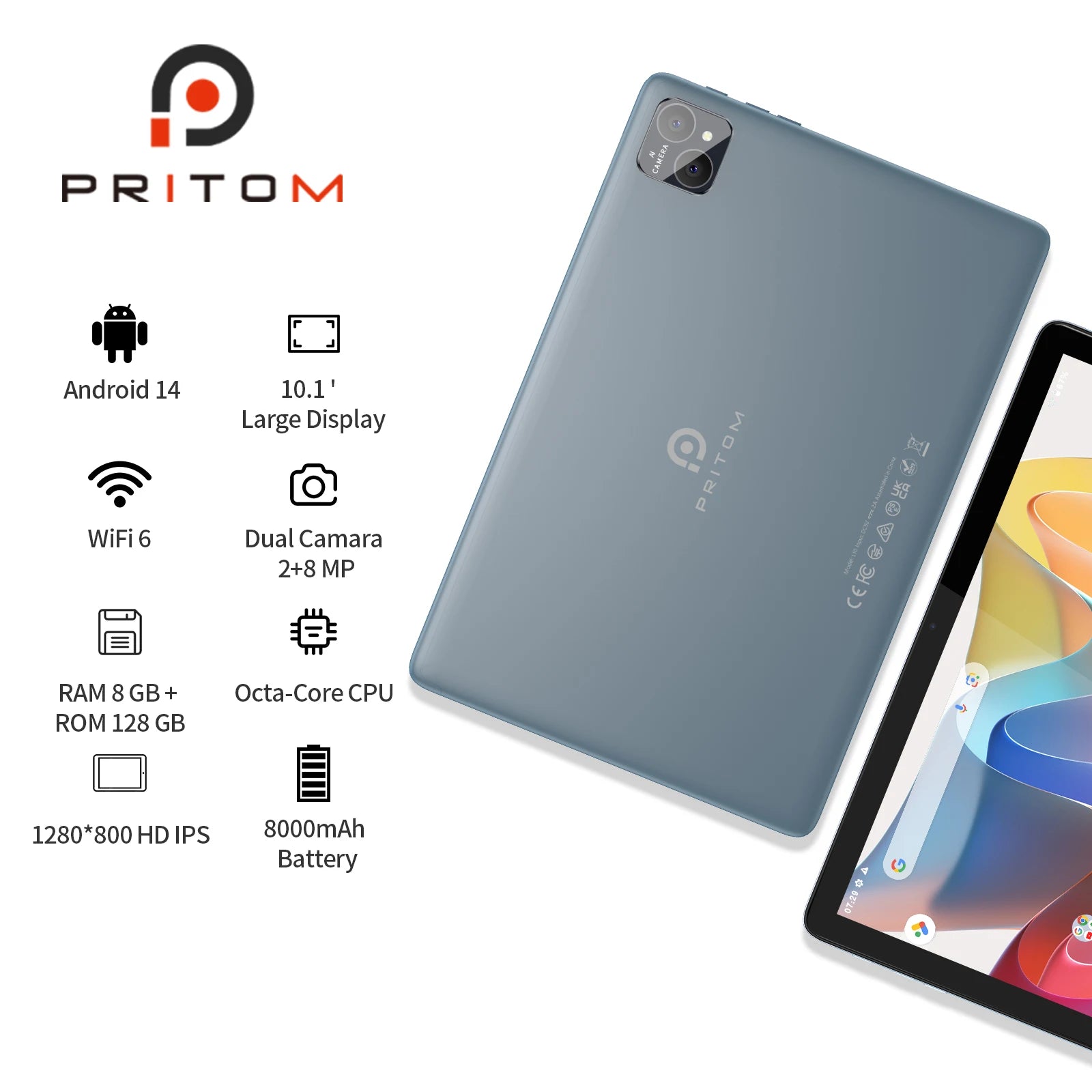 PRITOM TAB11 10-Inch Android 14 Tablet - Octa-Core Processor, 128GB Storage, 8000mAh Battery