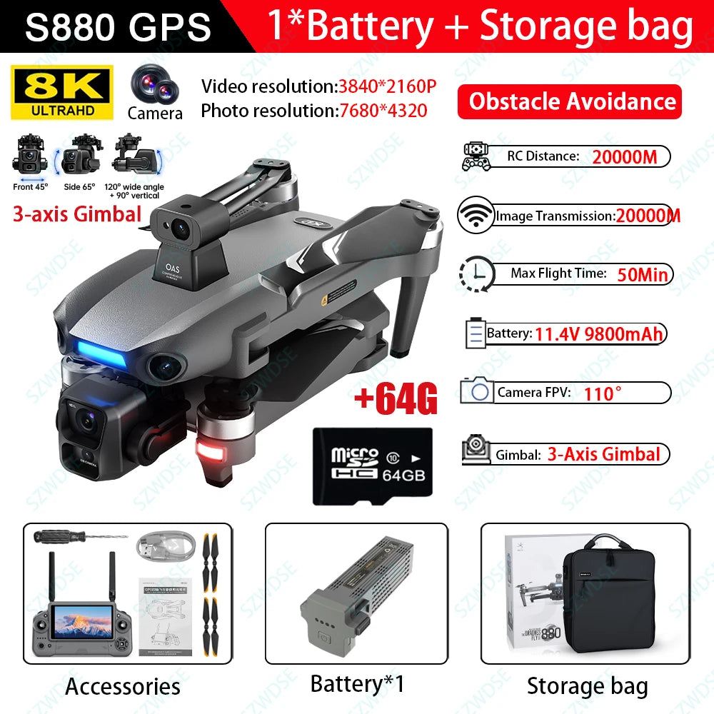 S880 Max Professional Fishing GPS Drone - 8K Dual Camera with 3-Axis Gimbal, 5G WiFi FPV & Obstacle Avoidance
